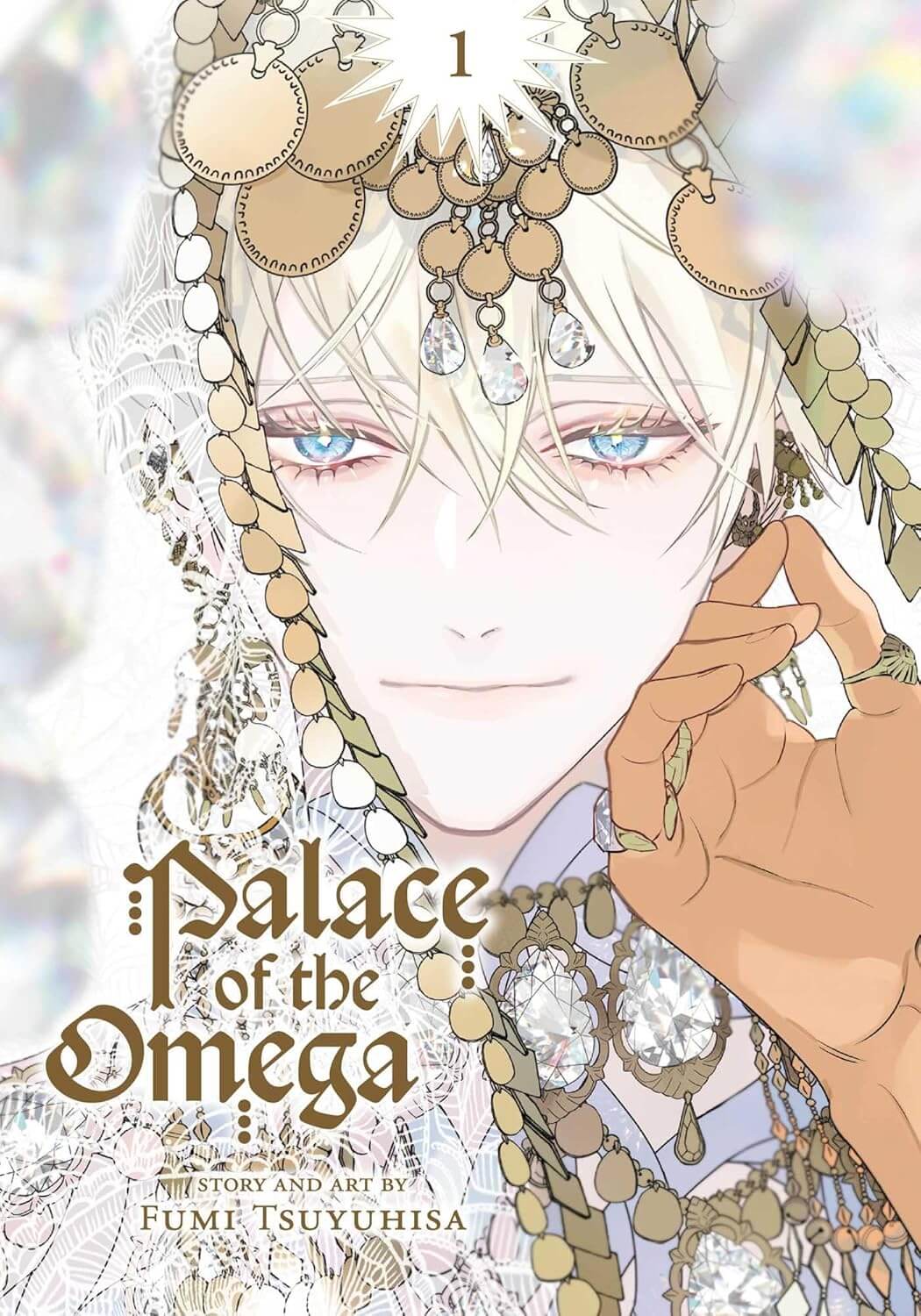 A ghostly pale man with white hair and piercing blue eyes is pictured wearing an Arabian-inspired wedding outfit. It is silver and white, with gold beading. He is tinged pink and has a sad yet loving smile on his face as an unknown hand, much darker in skin tone to his, reaches out to caress his face.