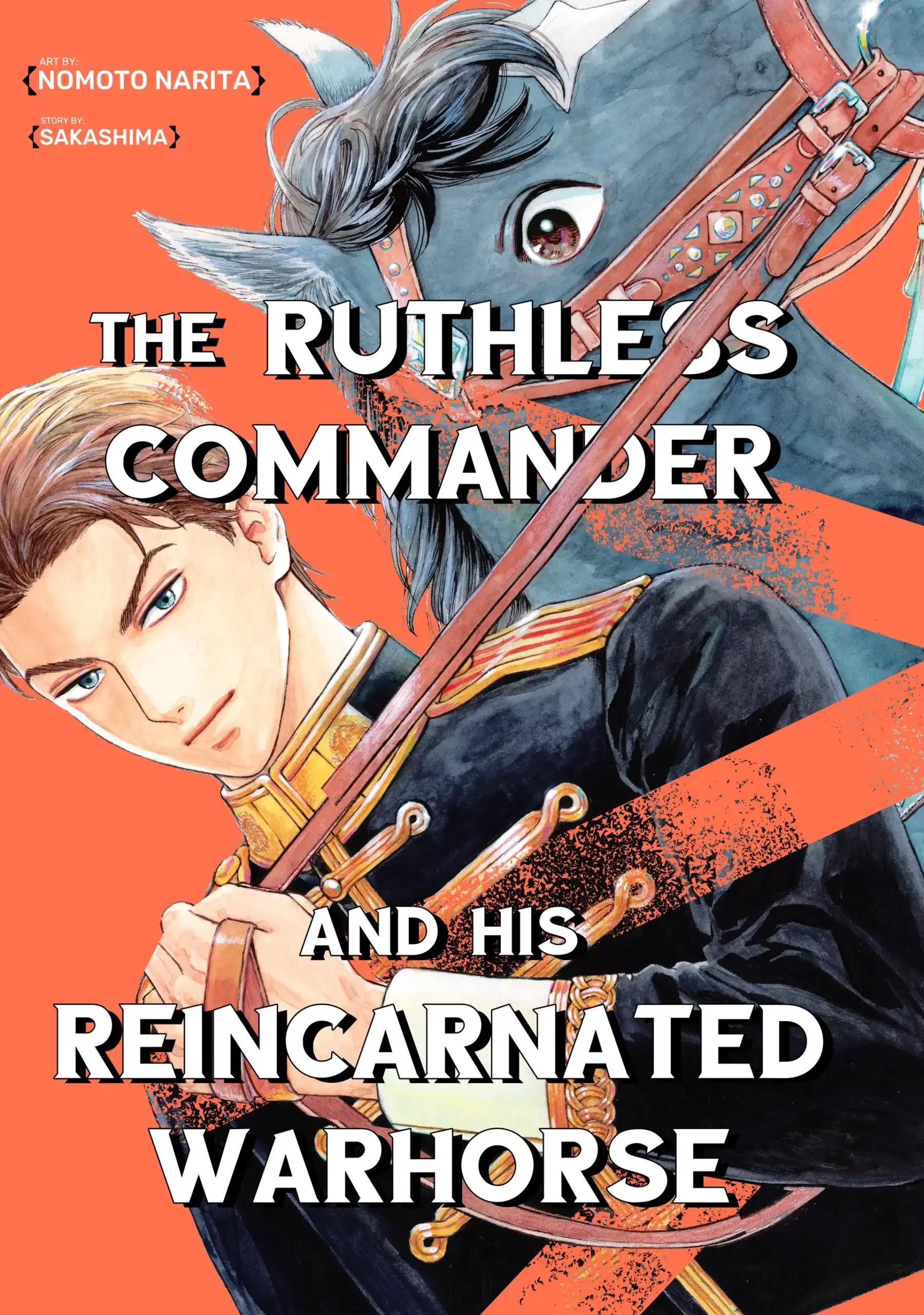 Cover for The Ruthless Commander and his Reincarnated Warhorse. A charismatic military general in an imperial Russian-style military uniform is pictured pulling on the reins of a comically shocked-looking dark grey stallion with a white star on its head