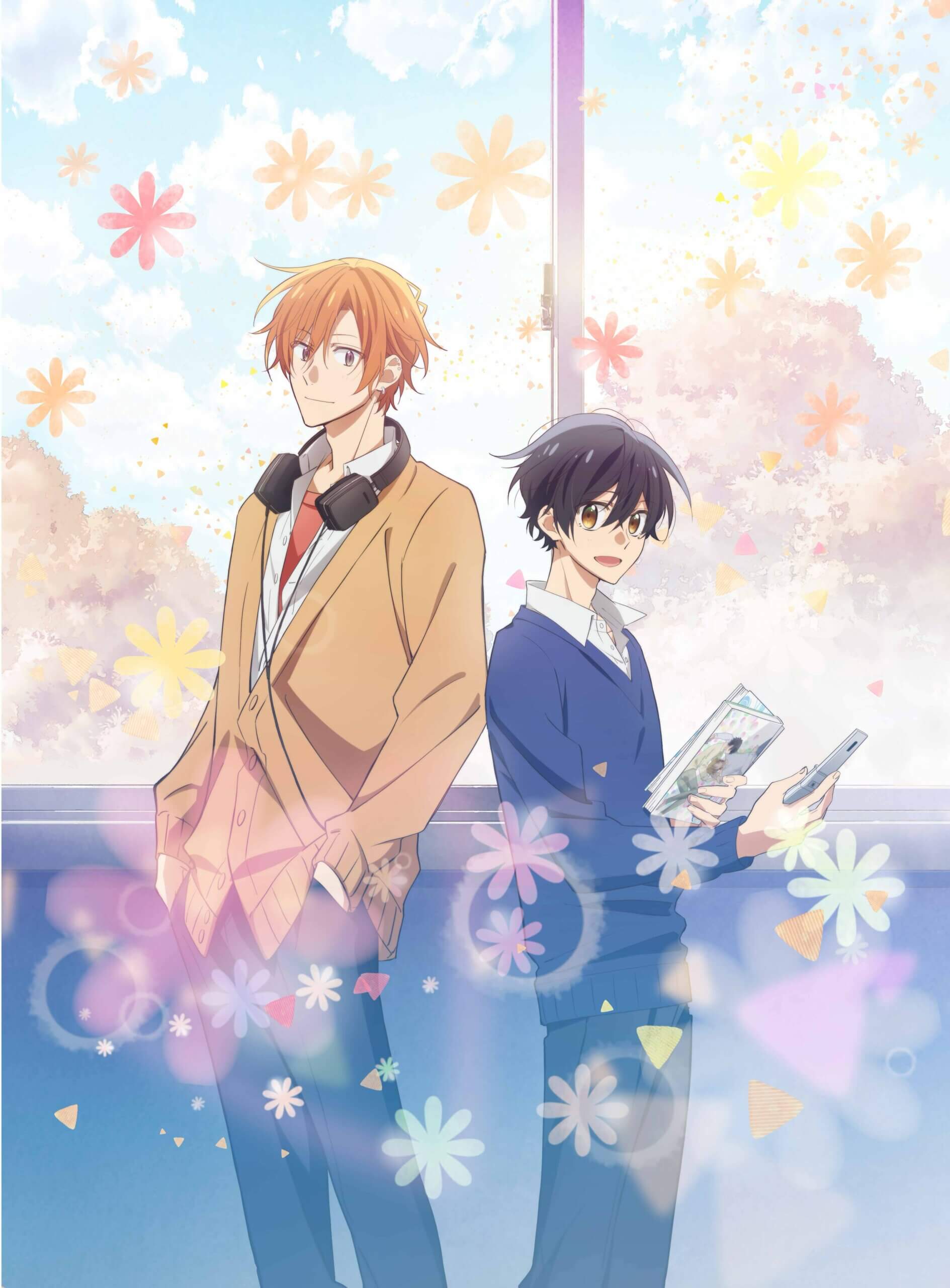 Sasaki and Miyano Promo Poster. Sasaki has orange hair and a baggy beige cardigan over his high school uniform. Miyano black hair and is two heads shorter than Sasaki. He has a blue sweater and is holding a BL manga in one hand and a flip phone in the other. The pair stand almost back to back, grinning at the audience