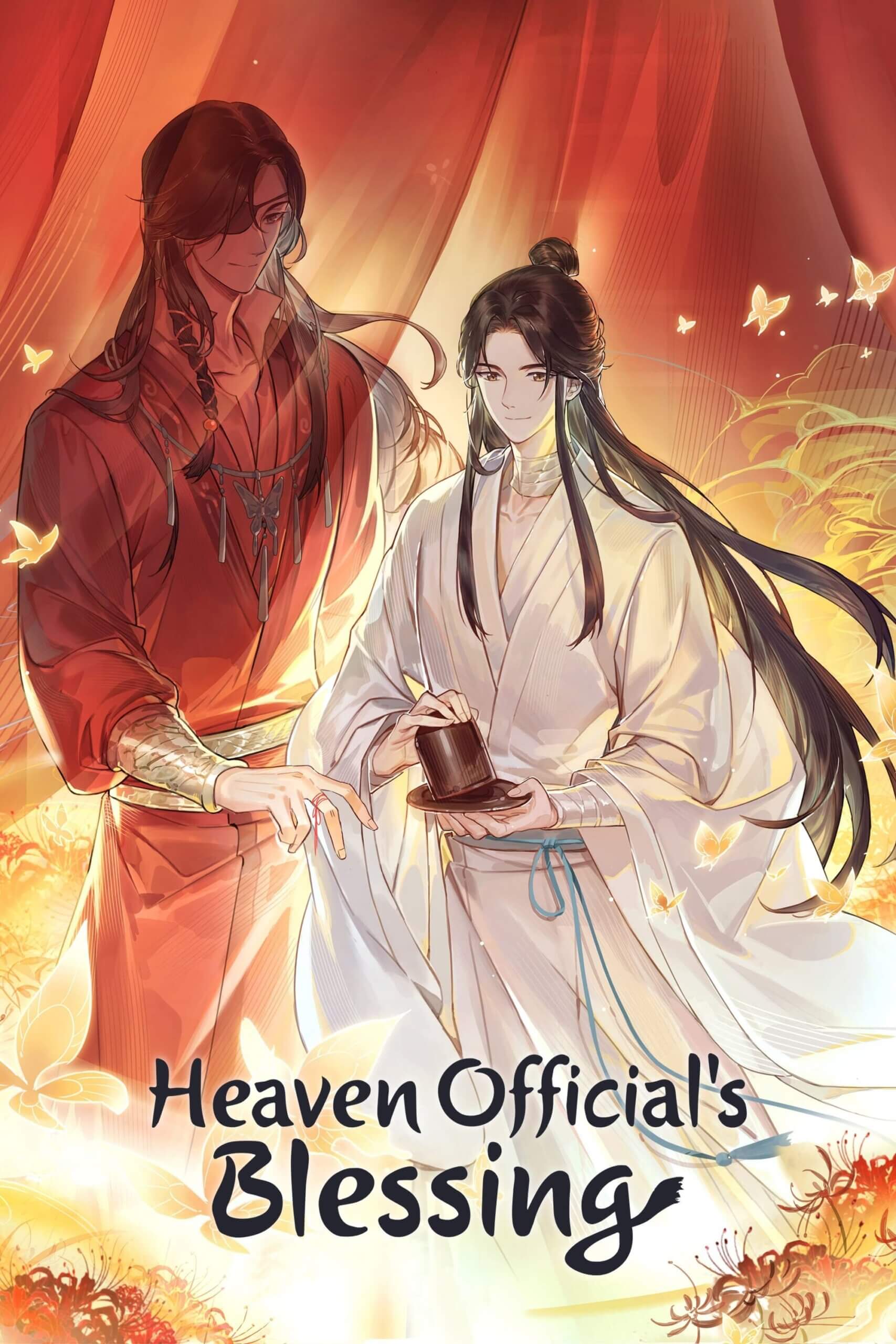 Promo Poster for Heaven Official's Blessing. Two men with long hair and wearing traditional Chinese clothing. One has long white loosely flowing robes, the other tightly bound red robes. The one in red has an eye patch. He is gently reaching out to his partner, who is about to reveal a dice roll from inside a rolling cup.