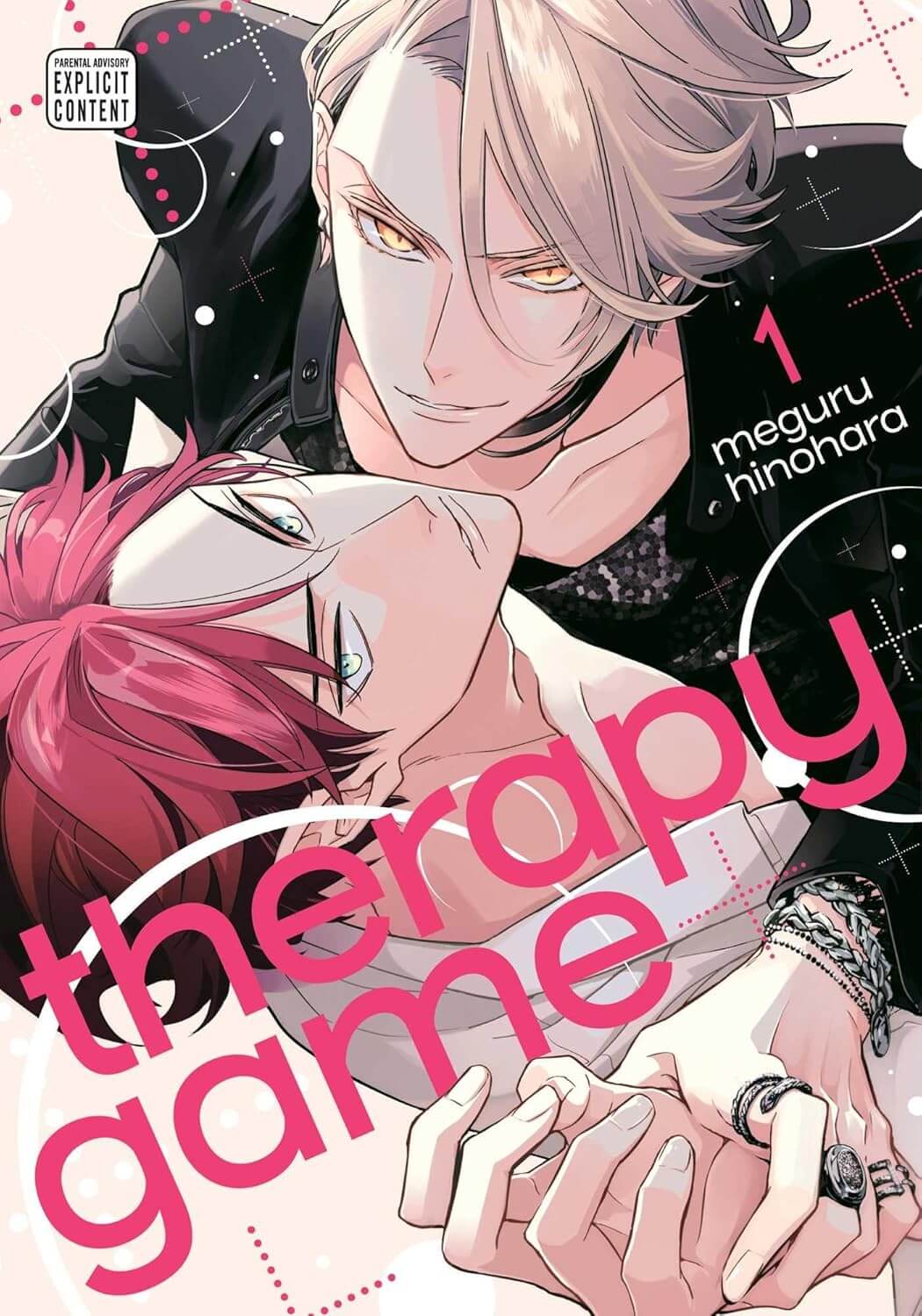 Cover for Therapy Game Volume 1. A blonde, fox-faced young man is looking like he’s just walked off a catwalk in Milan pins an older redheaded man in a simple white shirt onto the floor. They both look at the reader, the blonde smugly showing off his prey, the redhead annoyed and using his eyes to ask us to leave.