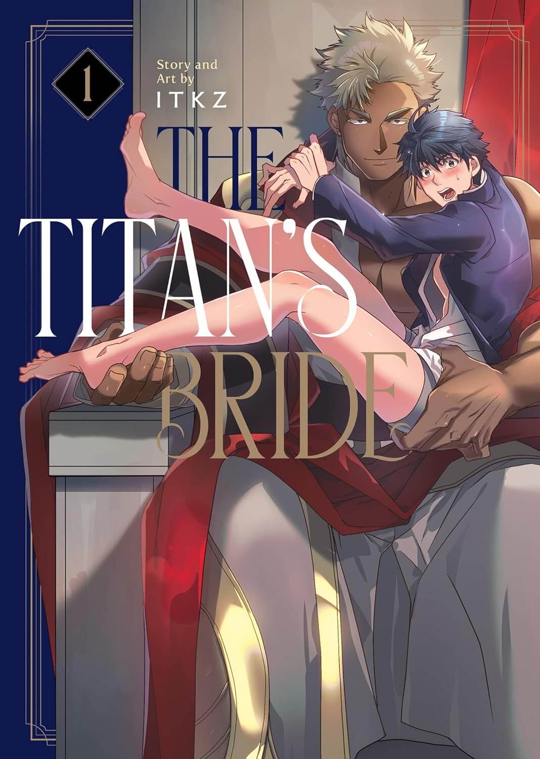 Cover for Volume 1 of The Titan’s Bride. A smouldering, dark-skinned giant sits upon a throne. He wears red regal royal robes and the biggest of big dick energy. He holds a recent high school grad in his arms. The teenager is frantically holding onto the giant’s neck, afraid of being dropped. The bottom half of his uniform seems to have gone missing, and his shirt buttons have gotten lost along with them