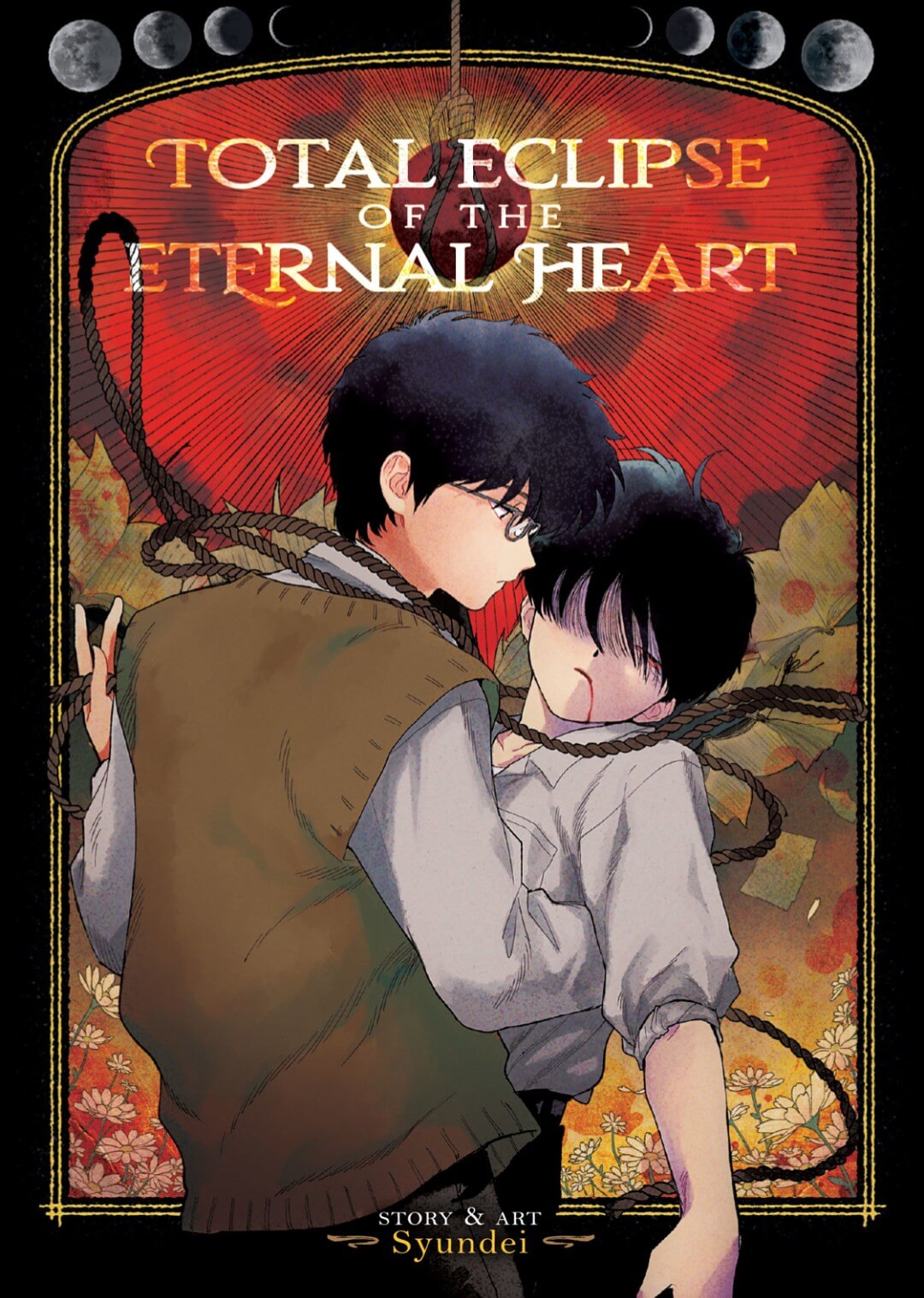  Two teenage boys in school uniforms are pictured. One of the boys is limp in the other’s tender arms, a trickle of blood coming out of mouth, dead. The other boy stares down at him with quiet sadness, but reignition. In his other hand is a rope that is wrapping around both of their necks. Behind them is a blood red solar eclipse that throws shadows over a forest. The cover’s art style looks like a traditional Japanese black lacquer jewellery box, with a black and gold border and a silver moon cycle across the top.