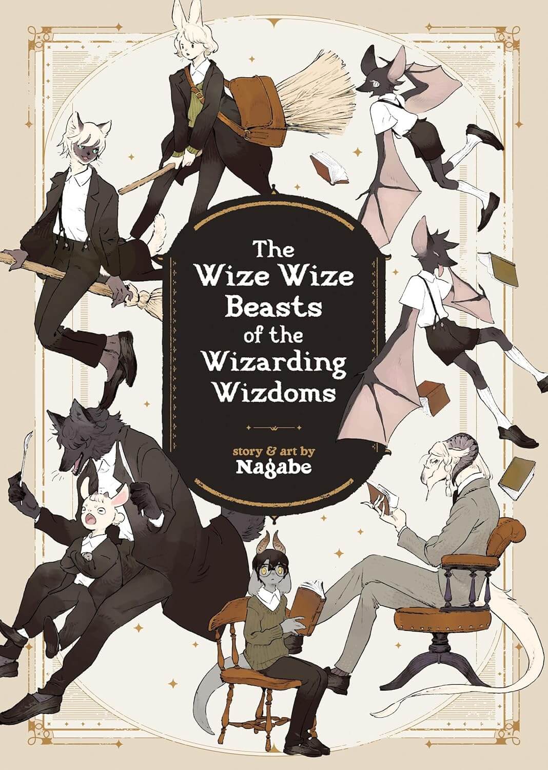 Cover for The Wize Wize Beasts of the Wizarding Wisdoms. A series of anthropomorphic creatures wearing traditional british private school uniforms are all drawn in a loop around the main title page in the centre which looks like an oval-shaped black and gold chalk notice board. Anti-Clockwise: A hare and a cat on broomsticks, a large black wolf holding a knife and fork with a small goat in their lap, a child-like human/dragon hybrid with floppy rabbit ears reading a book, an adult human/dragon hybrid with a head like a ram skull sitting at a desk chair reading a book, and two young bat creatures flying about and laughing.