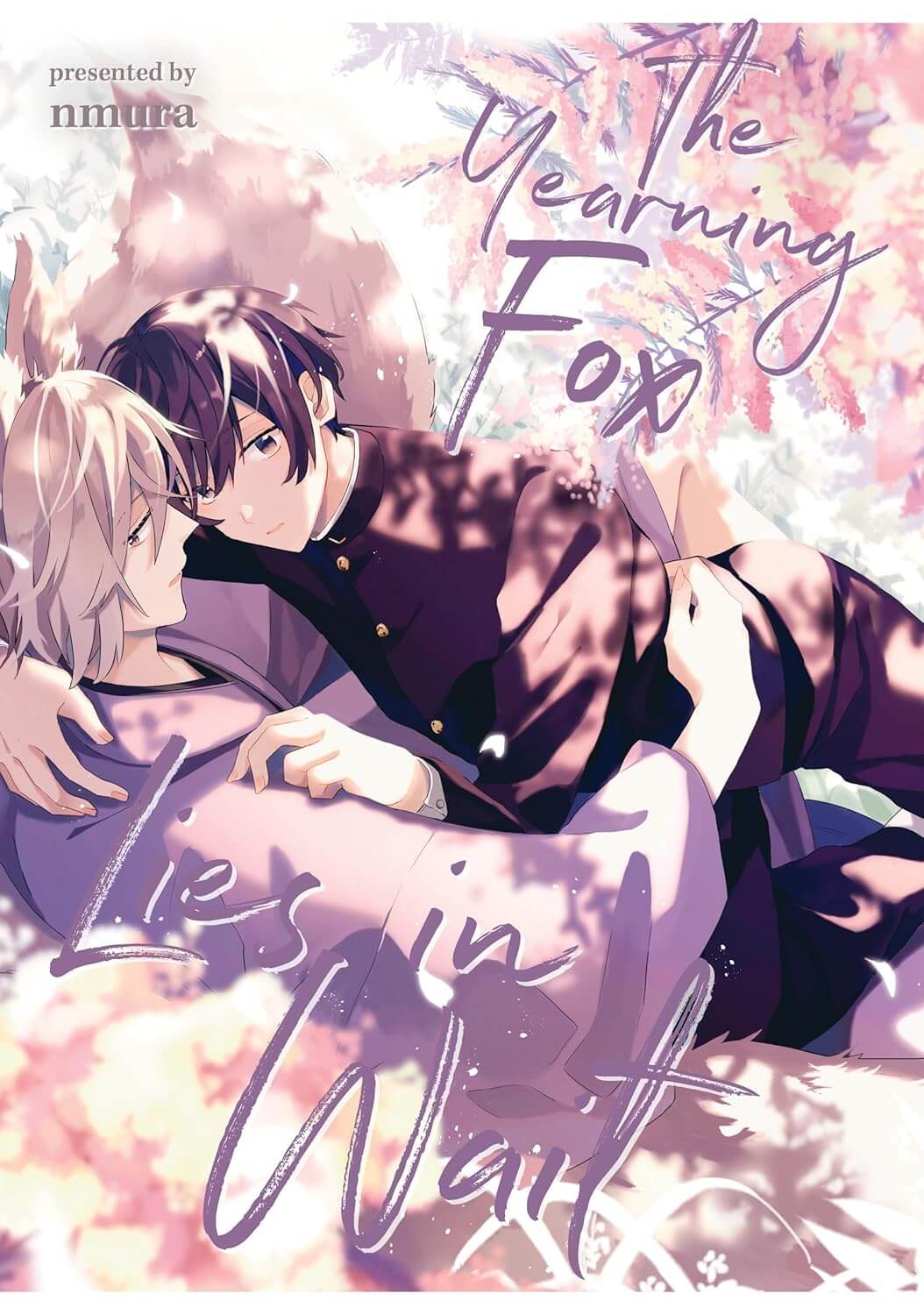 Cover for The Yearning Fox Lies in Wait. A young man in a Taisho Era university student uniform rests in the arms of a purple robed silver haired Kitsune. They appear to be sitting amongst the blossoms