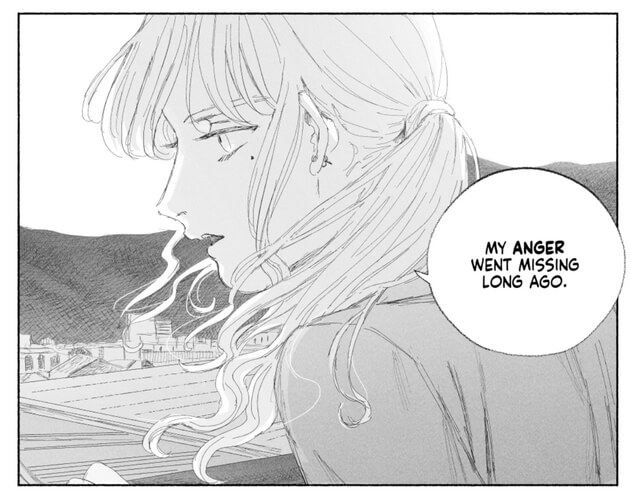 A panel of the teacher on the school rooftop saying, “My anger went missing long ago.”