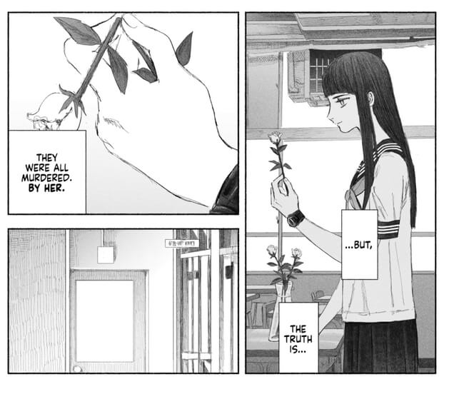 Three panels demonstrating the pencil-like hatching and soft gray tones, caption boxes reading “...But, the truth is… they were all murdered. By her.”