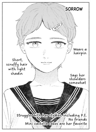 Sorrow is depicted facing forward. Text surrounding her reads: Wears a hairpin; Short, scruffy hair with light shadin[sic]; Sags her shoulders somewhat; Struggles with her studies, including P. E.; No friends; Mini castella cakes are her favorite