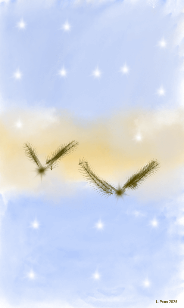 a digital painting of an orange, grey, and blue morning sky with stars and black birds made of stars and feathers in flight 