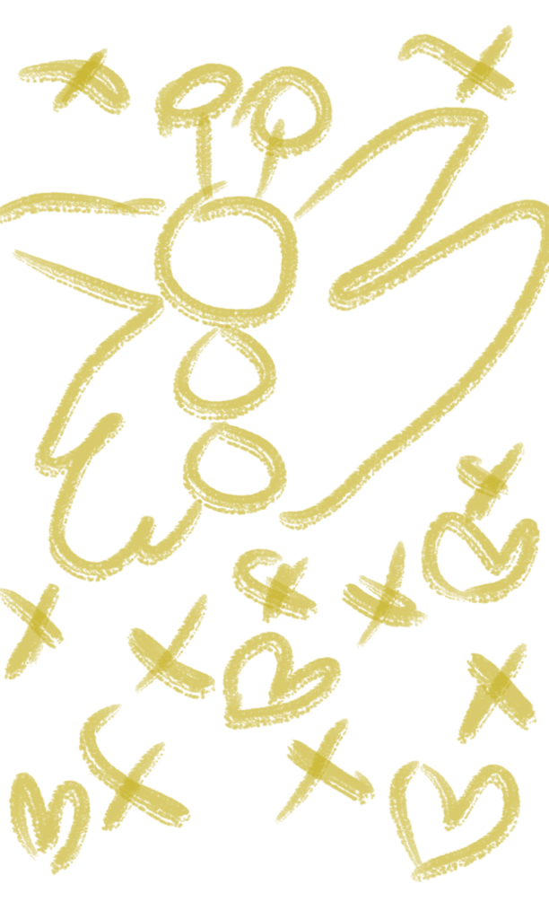 digital rough sketch of a butterfly, hearts, and stars drawn with grainy gold pencil 