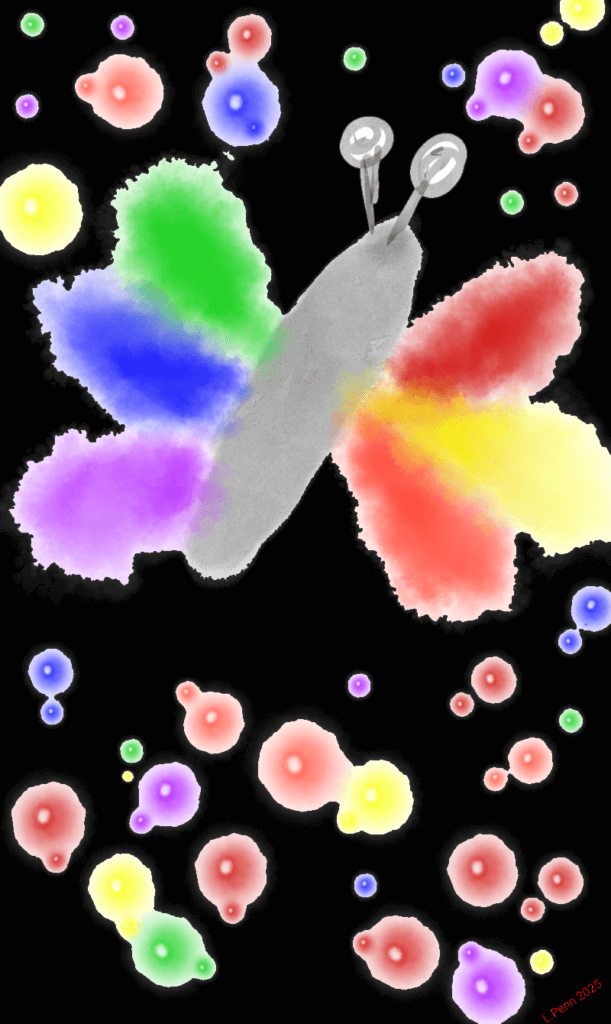 full piece of the butterfly painting, featuring a grey butterfly with rainbow wings, a black background, and glowing rainbow lights around the butterfly. 