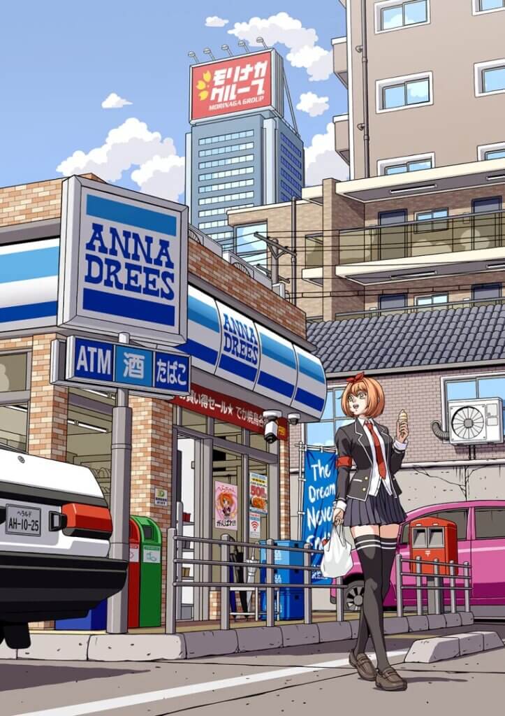 A young woman wearing a black school uniform walks out of a gas station market called “Anna Drees.” A red billboard above reads “Morinaga Group.”