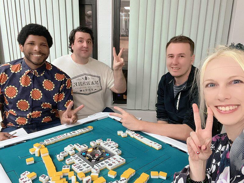 Jenn Barr with members of the American riichi mahjong community at Sparrow's Nest Studio in NYC, 2024.