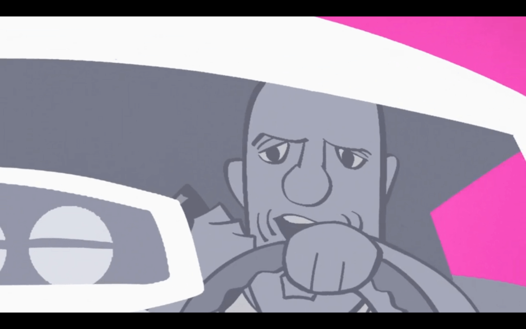 A bald, grey man who looks strangely like Vin Diesel from the Fast and Furious movies speaks into a walkie talkie while driving a car. The background is bright pink.