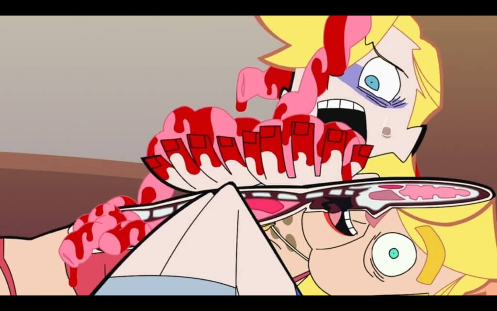 A shocked Panty holds a pile of guts in her bloody hands while she shrieks. In front of her is a woman with blonde hair who has been cut in half.