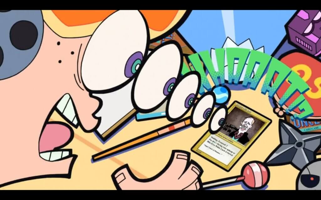 Brief, an orange-haired young man, has his eyes bulge out of his head when faced with a powerful playing card from Magic: The Angry Uncle. The card sits on a table cluttered with other objects like a pencil, a lollipop and a shuriken.