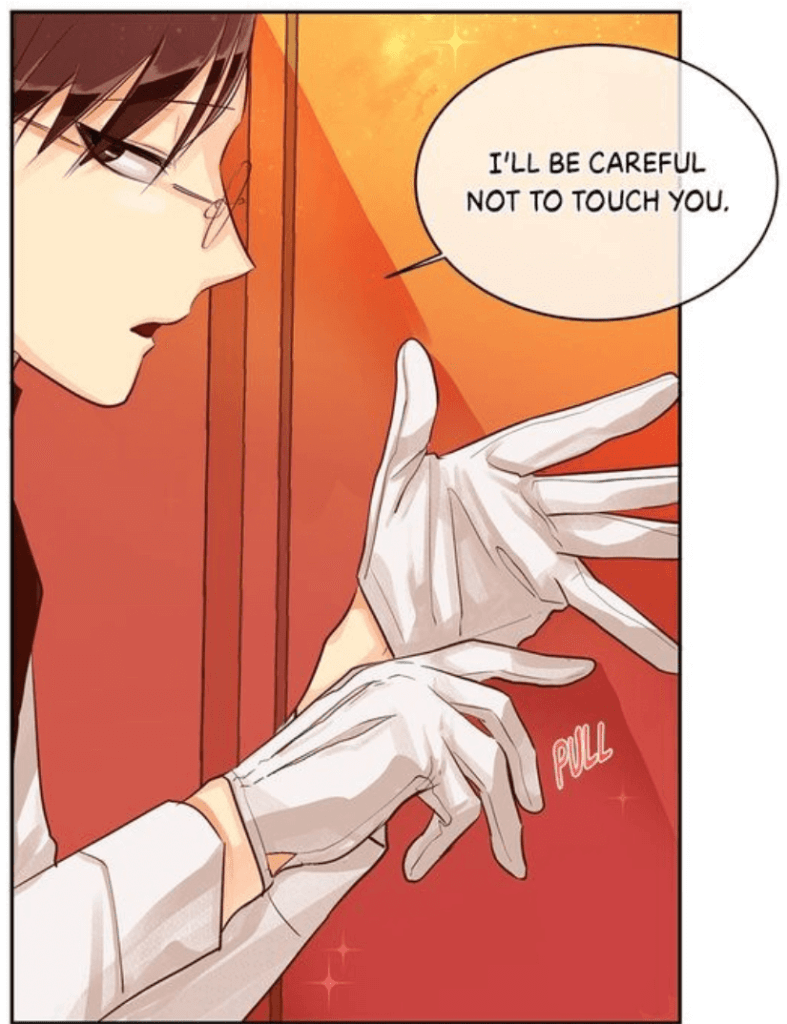 Soohyuk dons white gloves and says, “I’ll be careful not to touch you.”