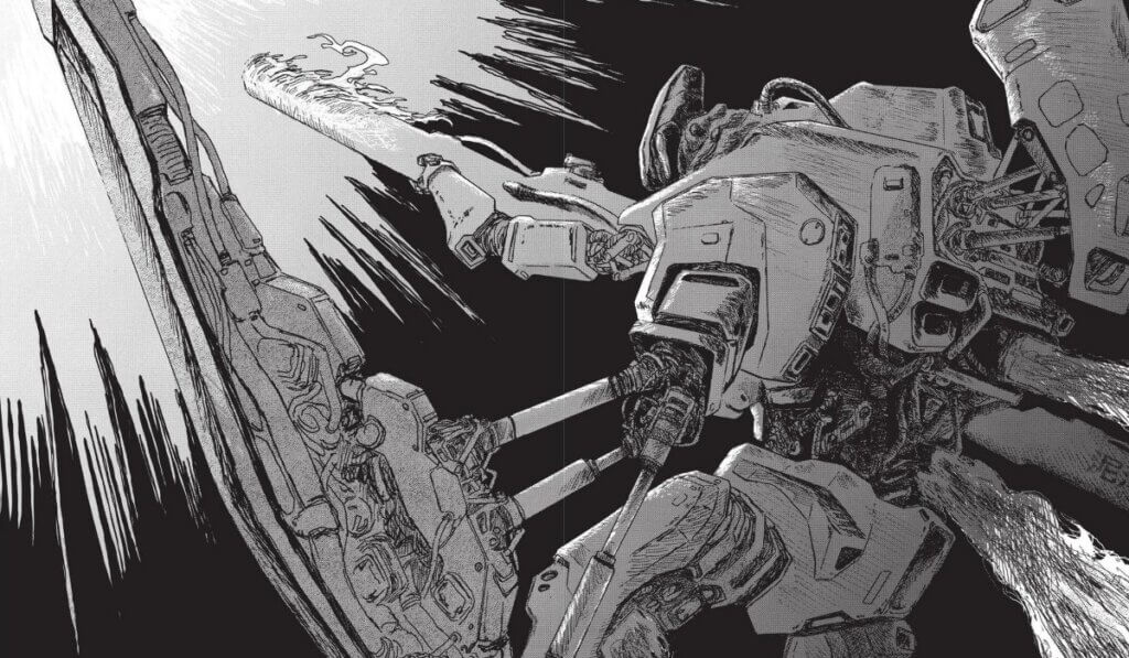 A giant robot shoots a laser from the barrel of a railgun burning with energy.