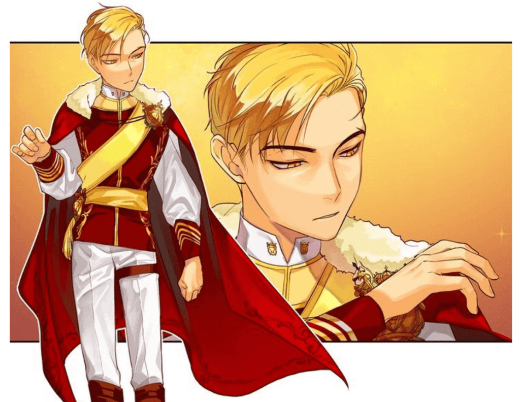 Wolfgang dons the red and gold robes of a prince. He is seen brushing off dust from his right shoulder.