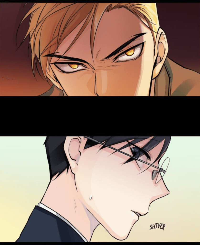 An image from King's Maker depicting two comic panels. In the top panel, Wolfgang, a golden-haired young man, stares aggressively forward. In the bottom panel, a black-haired, glasses-wearing Soohyuk shivers.