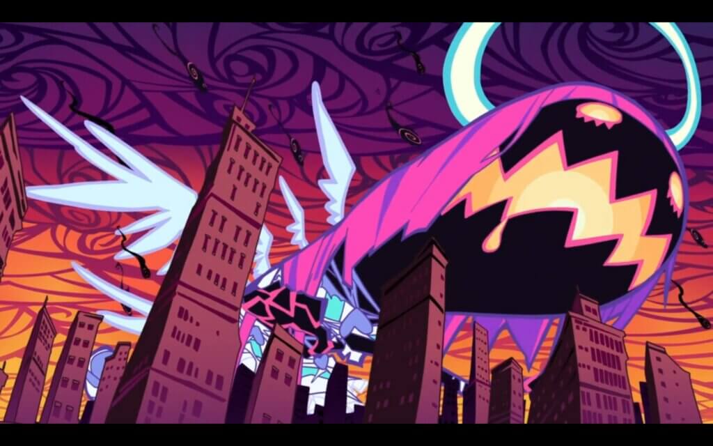In a scene from New Panty & Stocking, a transformed demon Stocking towers over the city as a giant black, pink and orange phallic-shaped creature with a halo and angel wings. A swirling orange and purple sky can be seen above.