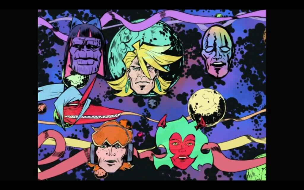 The faces of Panty, Stocking, Scanty, Kneesocks and a strange man from another world can be seen against a purple cosmic background reminiscent of the works of Jack Kirby. Kneesocks looks like an alligator while Stocking looks like The Thing.