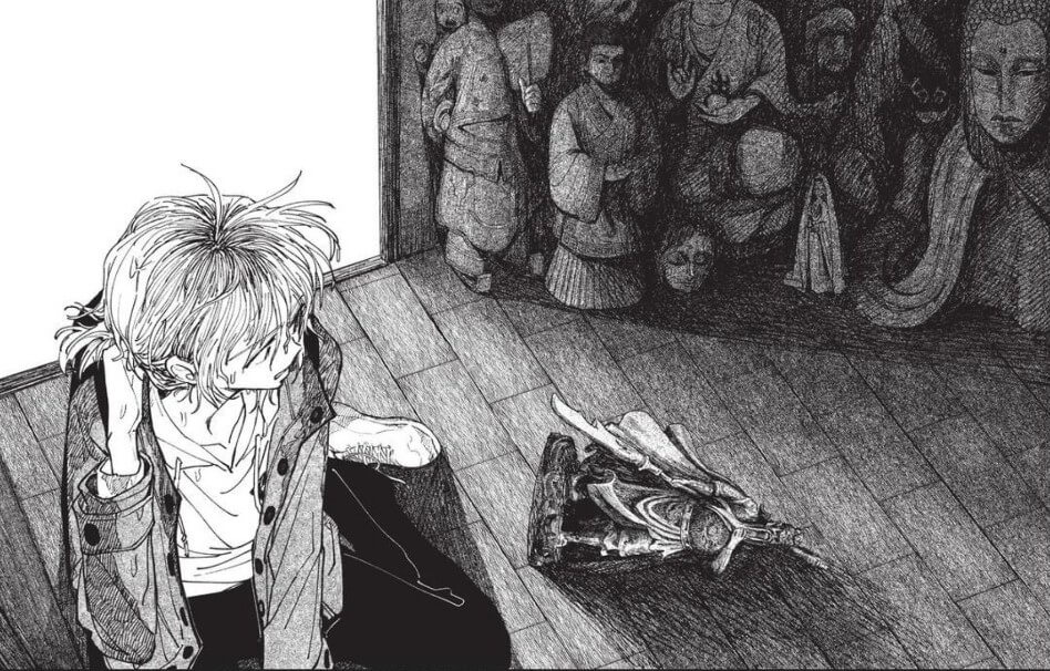 A woman knocks over a figurine in a room full of them. Behind her is an empty doorway.