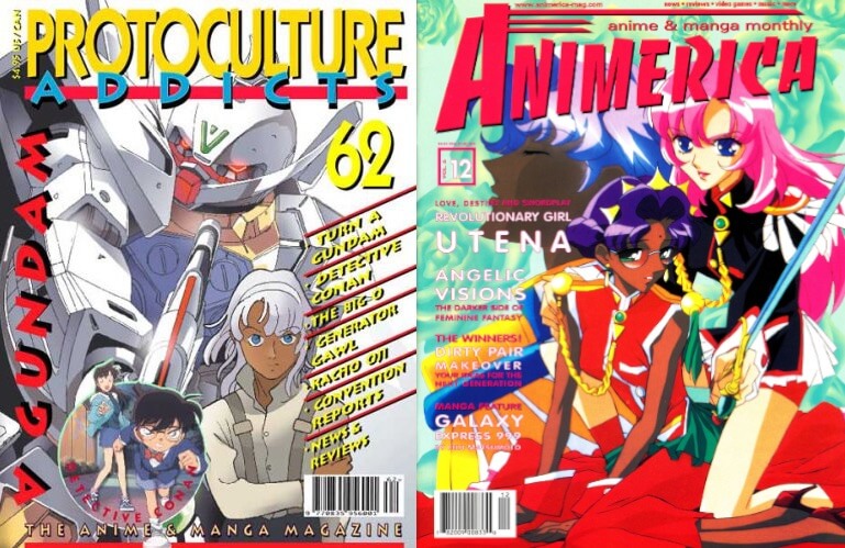 Two anime magazine covers side by side. The left cover, for Protoculture Addicts, features a white haired boy in suspenders standing in front of a large white robot with a “mustache.” The right cover, for Animerica, features a pink-haired teenage girl wearing a school uniform and holding a sword. She is kneeling next to another woman wearing a red dress who is sitting on the ground. The face of a princely figure can be seen in the background.