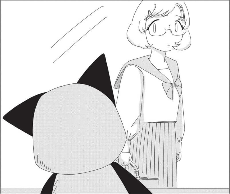 A girl wearing a school uniform and glasses sees a plushie through a window.