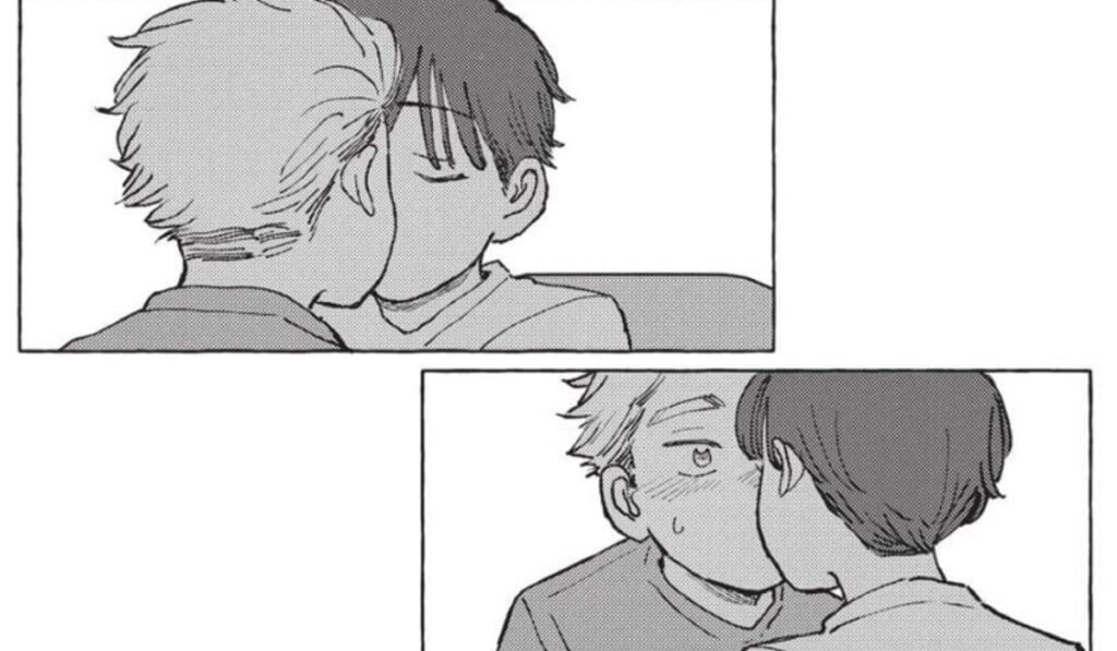Two images of two boys kissing, seen from flipped perspectives.