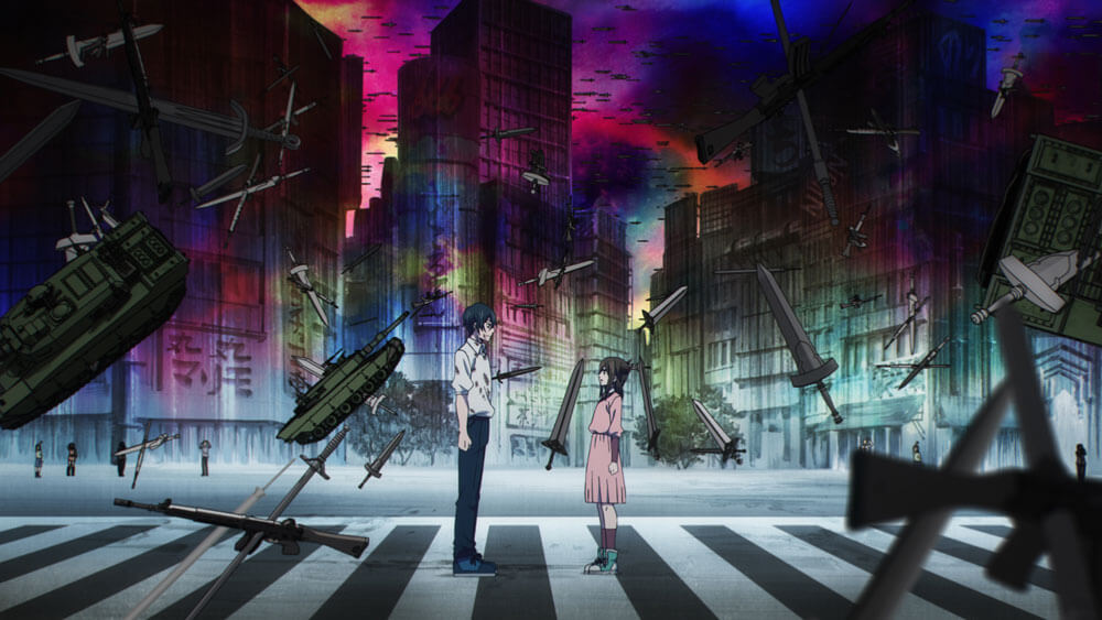 Big brother Keiji and little sister Nayuta from Nayuta of the Prophecy. Keiji is facing Nayuta on a crosswalk as they’re surrounded by floating swords, guns, and tanks.