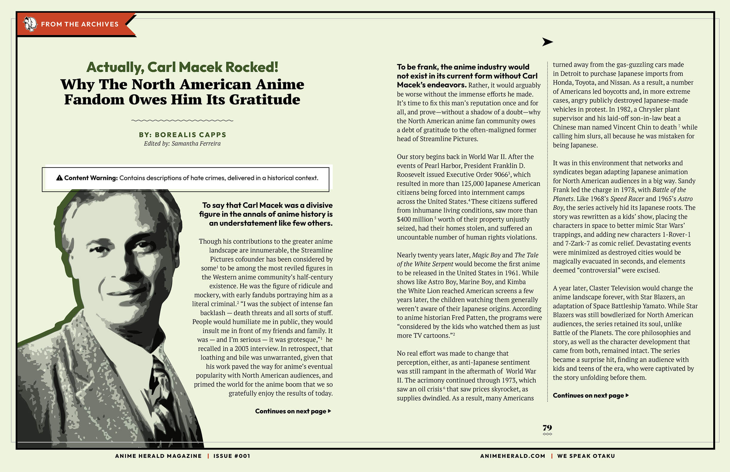 A magazine design for the article "Actually, Carl Macek Rocked! Why The North American Anime Fandom Owns Him It's Gratitude". It's a light green background with a vectorized images of Carl Macek on the bottom left of the two-page spread.
