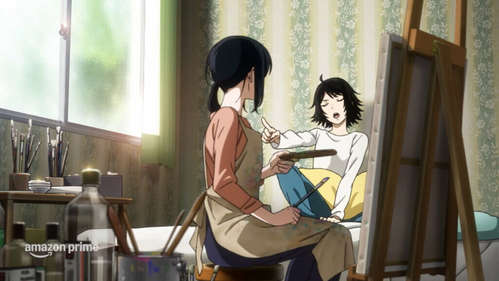 Kyoko and Akiko Ehara from Sisters. Older sister Akiko is sitting on a bed, pointing at her younger sister Kyoko. Kyoko is sitting on a chair at an easel. The two are surrounded by paintbrushes, paint, and water cans.