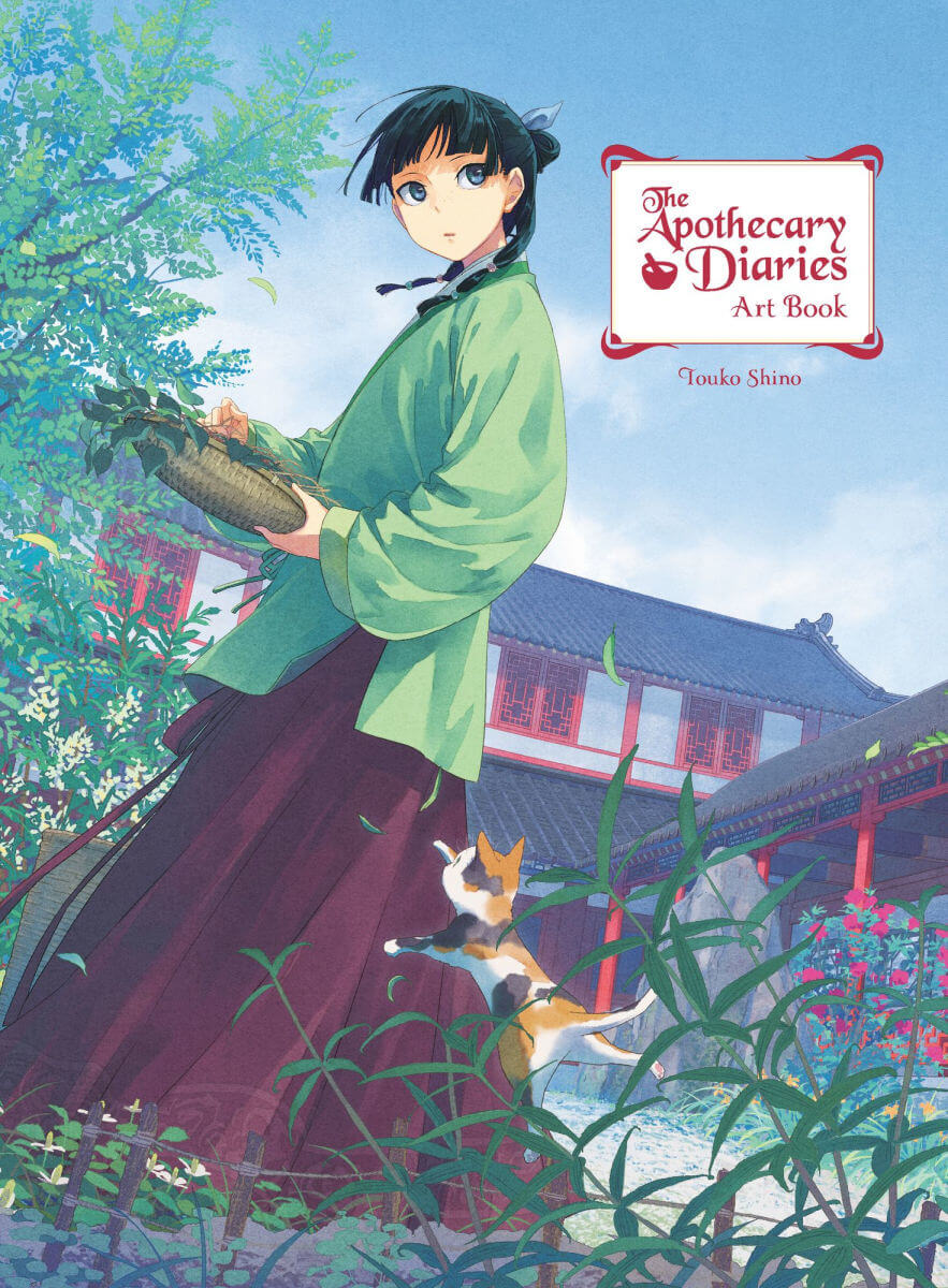 A woman in her late teens with freckles and black hair tied into pigtails. She is wearing a Chinese-style red skirt with a green jacket over the top. A calico kitten is trying to grab the woven basket of herbs in her hand. She is standing within a large palace, and is looking off to the side. Behind her is a tree with green leaves.