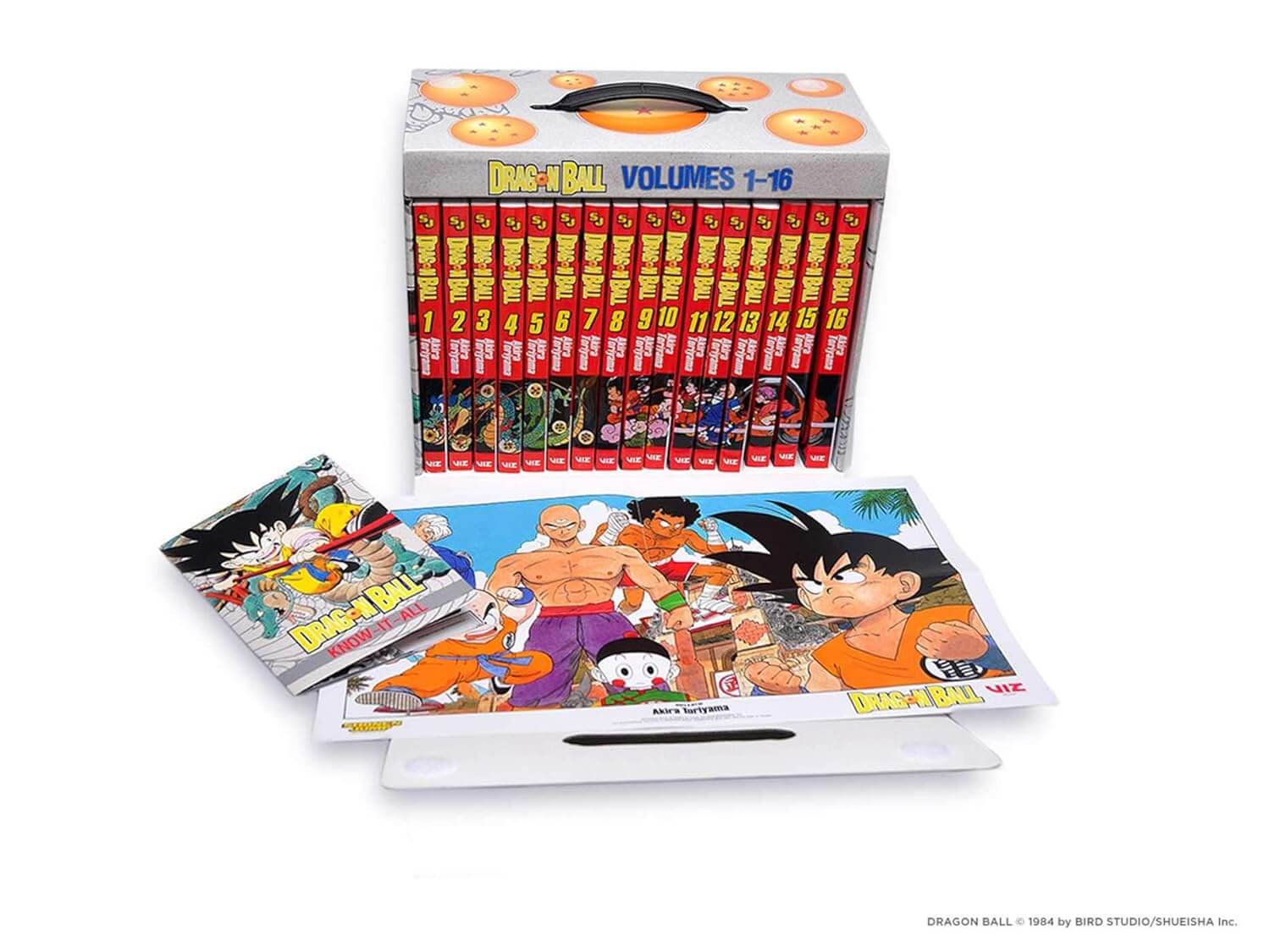  Dragon Ball Box Set. The 16 volumes fit inside a box with a front flap folded down to display them. The box is decorated with dragon balls, orange balls that have stars inside. There is a small booklet and a full colour poster of the main cast.