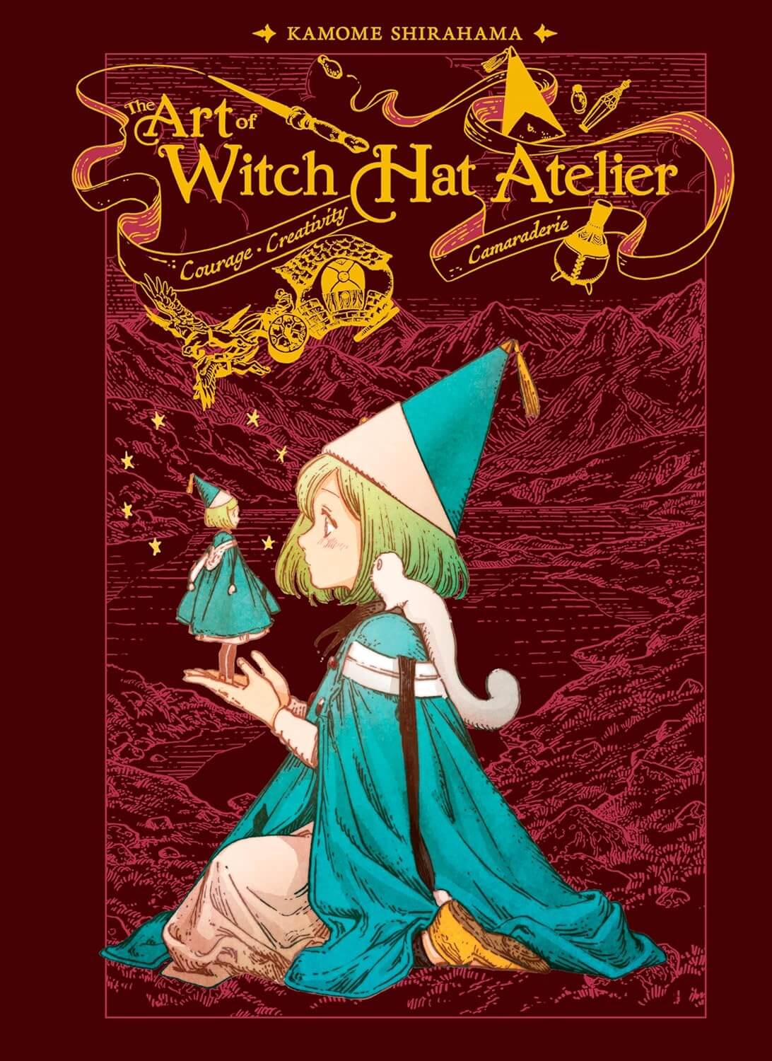 Cover of The Art of Witch Hat Atelier. A young girl in blue and white robes and a matching brimless witch’s hat ( kneels down as she holds a smaller version of herself in her hands. A ferret-like creature sits on her shoulder. Underneath the gold title is a ribbon reading “Courage. Creativity. Camaraderie.”. Also in gold are small illustrations of a carriage pulled by winged horses, a brimless witch’s hat, and potion/ink bottles. The main cover is burgundy with a lighter shade of red showing a mountain landscape with a lake.