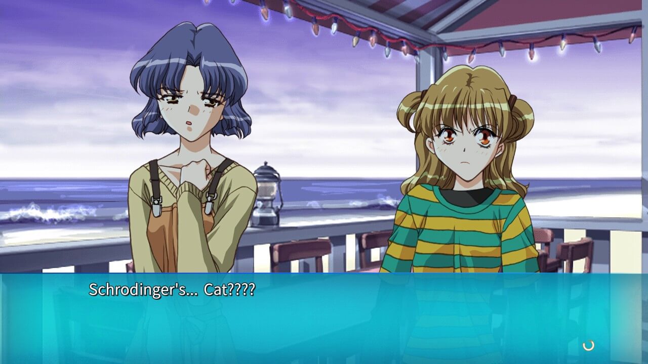 A screenshot from Never7. A close up on Izumi’s face, late at night. She looks concerned, and her short, dark blue hair blows in the wind. She says, “In other words, that shrine was built to worship the ‘Demon God,’ they say… or so they say.”