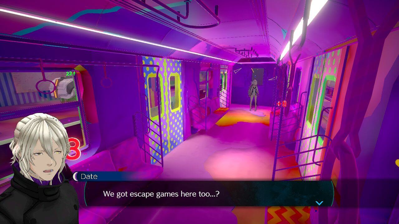 A screenshot from No Sleep. Aiba—in her humanoid form—looks around a train cart that’s mostly a berry pink-ish color. The doors have neon colored polka dots. Blots of orange and teal can be seen around, too. Date sighs, “We got escape games here too…?”