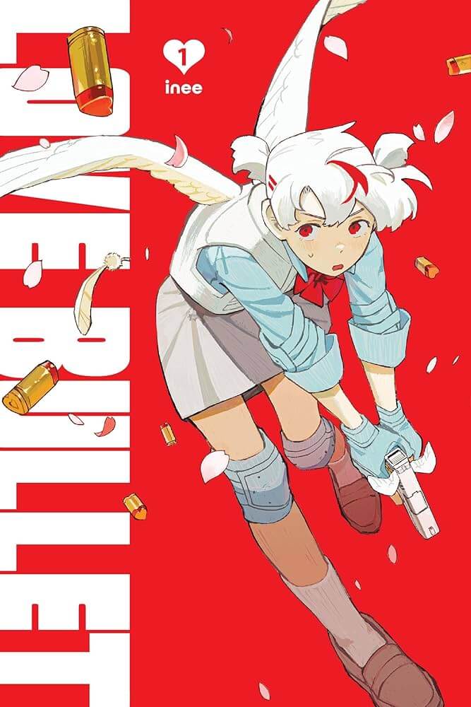 Cover of Love Bullet volume 1, which shows a girl with short white hair and wings running while holding a pistol. The background is stark red, and heart-shaped bullets rain down around the girl.