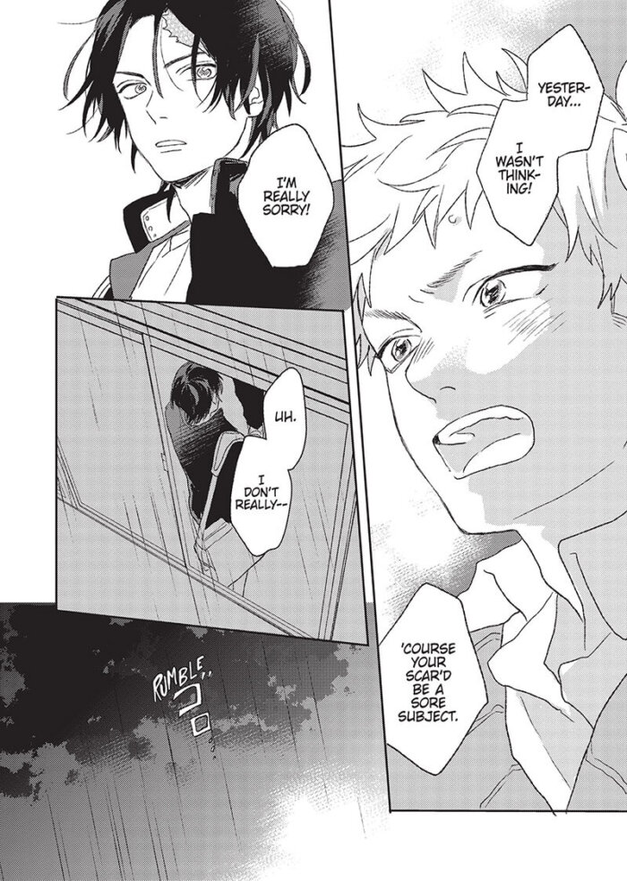 Shingo, a high schooler with short light hair, looks at Ao with a pained expression. Ao has short black hair that partially covers a large scar on one side of his forehead. Shingo’s quote bubbles read, “Yesterday…I wasn’t thinking! ‘Course your scar’d be a sore subject. I’m really sorry! Uh…I don’t really—” Outside the window, a thunderstorm begins. 