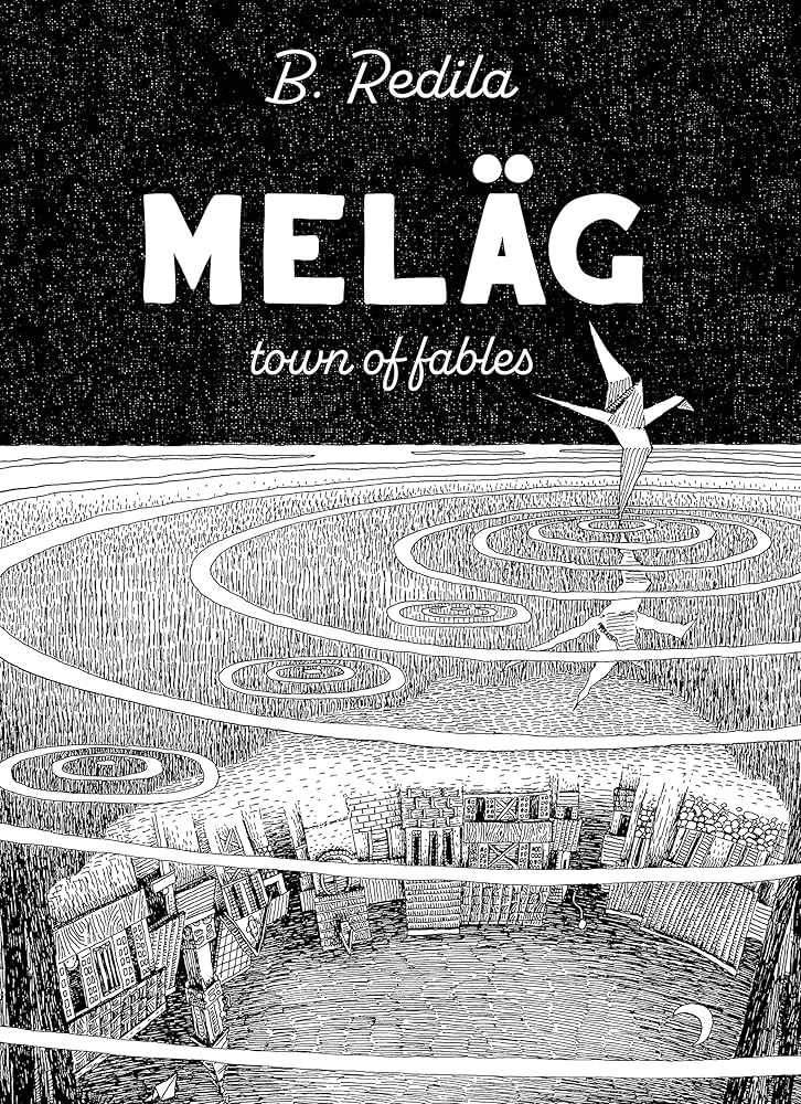 A paper origami crane touches its wingtip to a pool, creating ripples. Under the pool a small town can be seen.