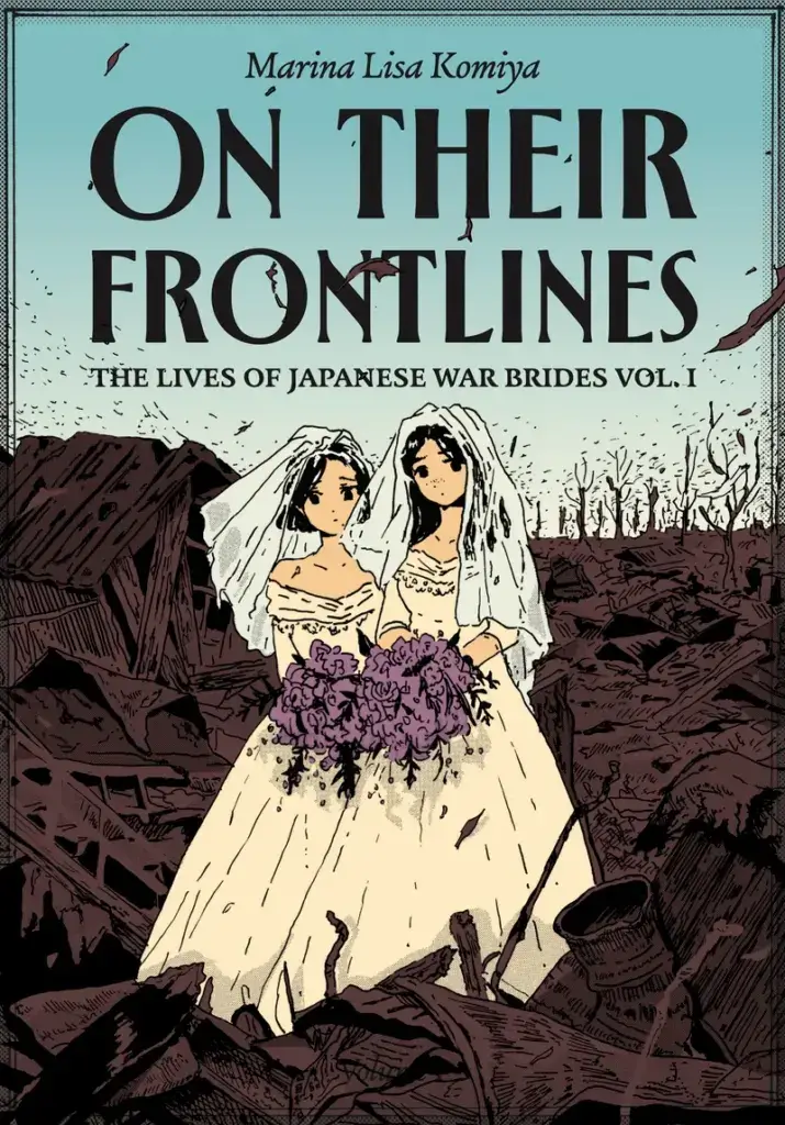 Two women stand on a wrecked battlefield wearing white wedding dresses while holding a bouquet of purple flowers.