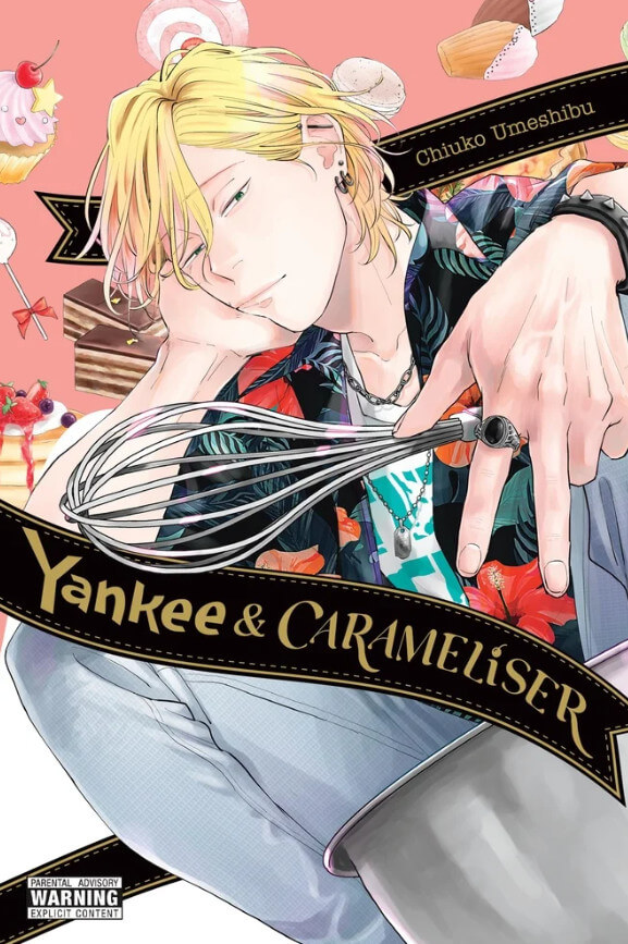  Cover for Yankee & Carameliser featuring a low angle view of a man with messy blonde hair and ear piercings sitting next to a metal mixing bowl. His face is resting nonchalantly in one hand while the other is flashing an upside-down peace sign while holding a metal whisk. Various cartoon desserts float in the background.