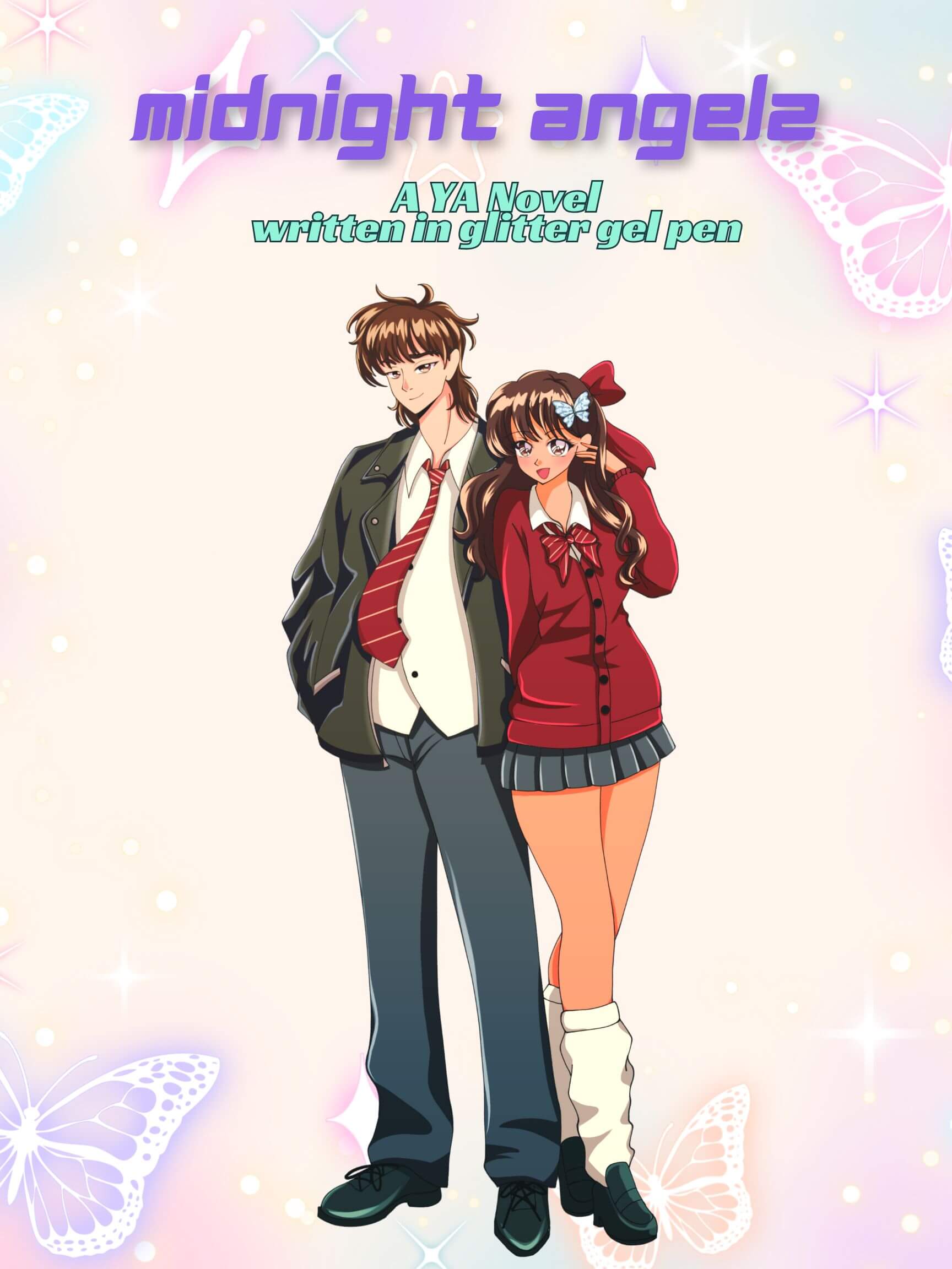 The cover for Midnight Angelz. A boy and a girl are standing next to each other, surrounded by glitter and butterflies. Artist: Hiwari. Image via Eri Victoria
