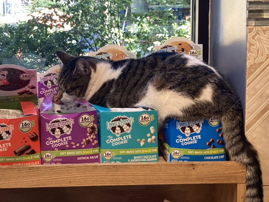 A cat sleeps on several multi-colored boxes of Lenny & Larry's Complete Cookie.