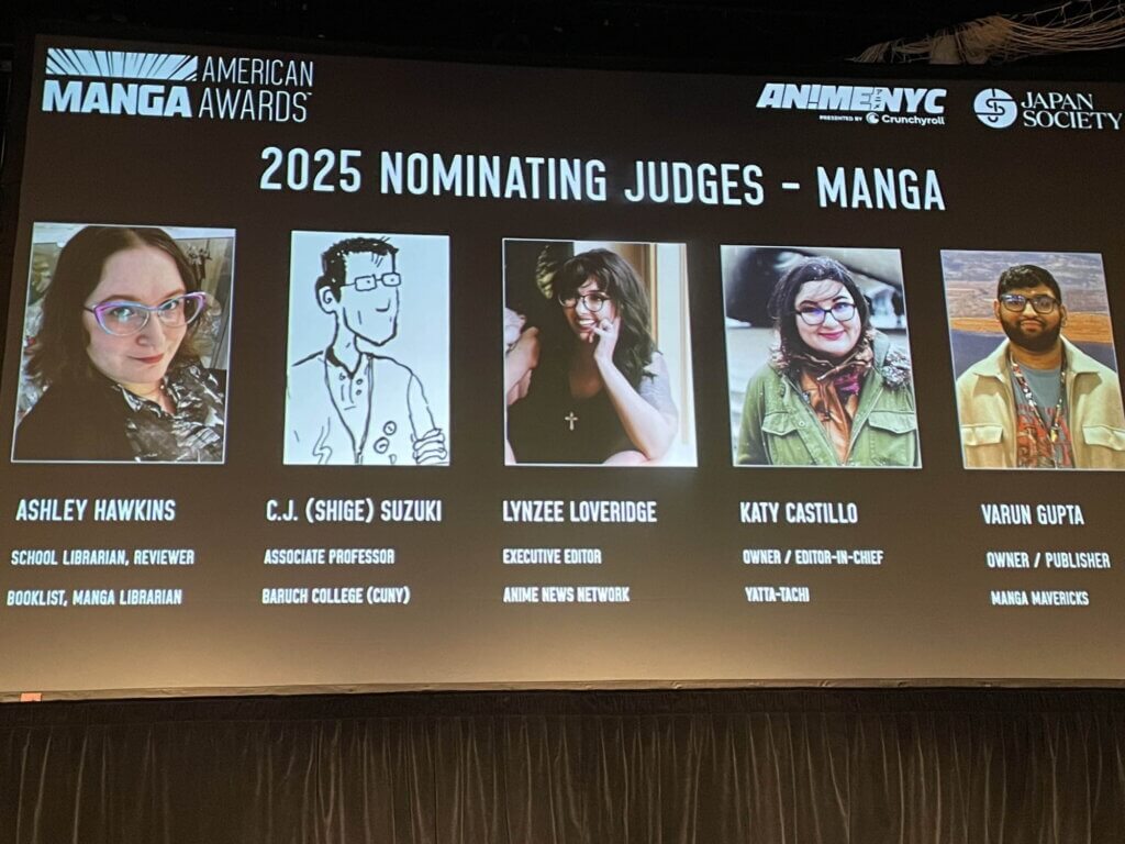 American Manga Awards photograph of 2025 Nominating Judges. They include Ashley Hawkins, C.J. Suzuki, Lynzee Loveridge, Katy Castillo and Varun Gupta.