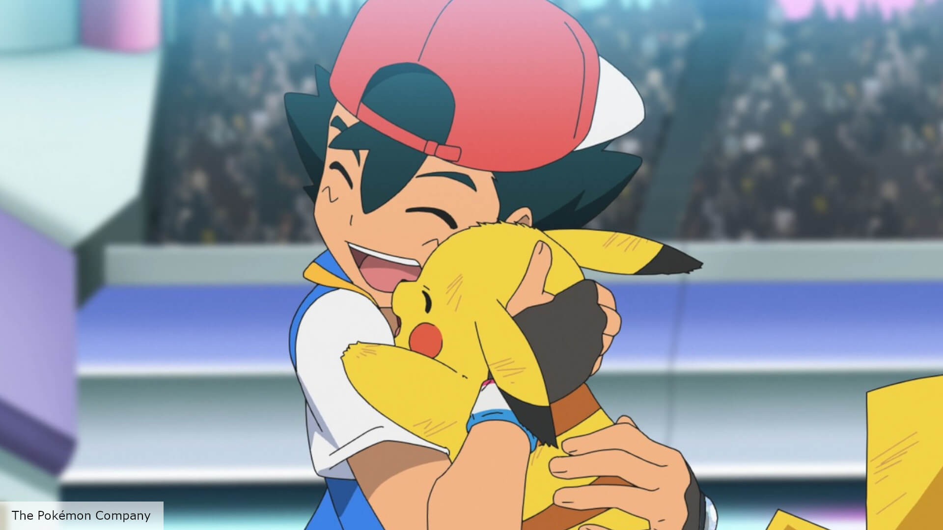 Ash Ketchum lovingly hugs an exhausted Pikachu, having just won the tournament in Pokémon Journeys.