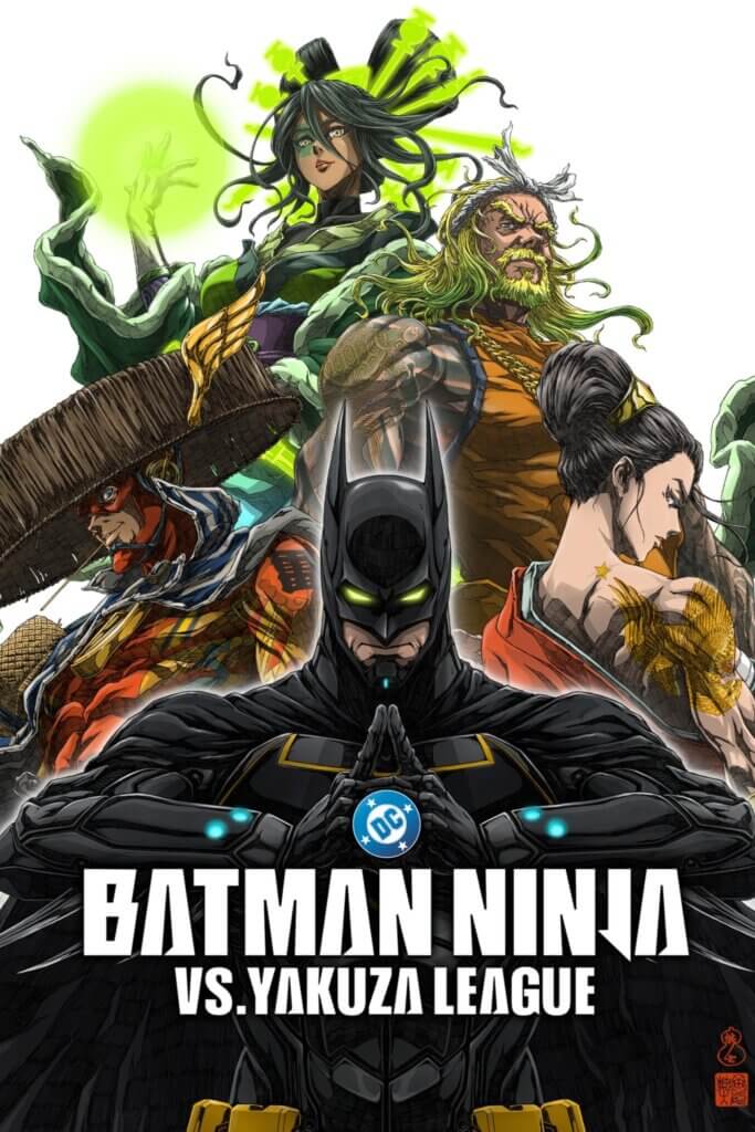 A fierce looking Batman holds his hands together in a ninjitsu pose. Behind him are re-imaginings of Flash, Wonder Woman, Aquaman, and Green Lantern (Jessica Cruz). Flash is wearing a large woven japanese edo-period messenger hat with golden wings on the side. He has a piece of straw in his mouth and a blue cape over his costume. Wonder Woman looks menacingly over her shoulder as her kimono drops to reveal a large tattoo of a golden eagle across her muscular shoulder. Aquaman has multiple tattoos covering his muscular physique, and is wearing an orange version of a traditional japanese fisherman outfit. Jessica Cruz is wearing a green and black kimono, and has an edo-period hairstyle with multiple hair sticks and combs made from her green lantern energy