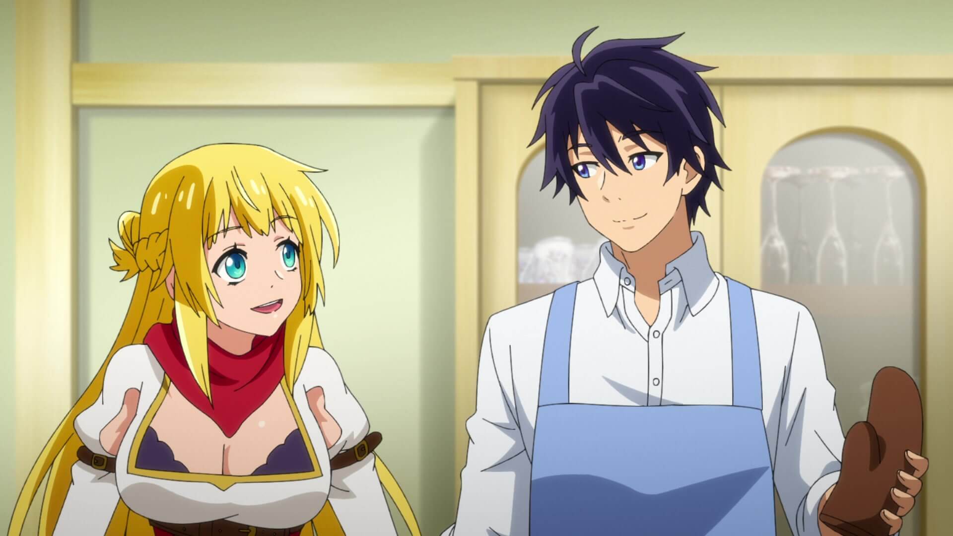 A long-haired blonde woman with giant tits put on full display with an open cut white top smiles up at a handsome man with short dark hair. He is wearing a white shirt with a blue apron and has an oven glove in one hand.