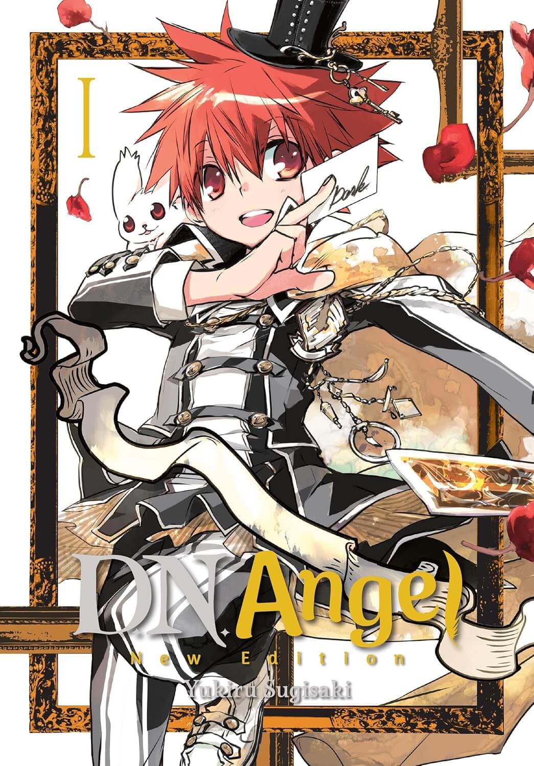Cover for D.N.Angel New Edition. A 14-year-old boy with red spikey hair poses like a magician holding a business card with the name Dark written in cursive on it. On his shoulder is a cute white rabbit-like creature. He wears a black and white striped jacket and trousers that look like a military band uniform. He has a cape, and a tiny top hat with keys hanging from it.